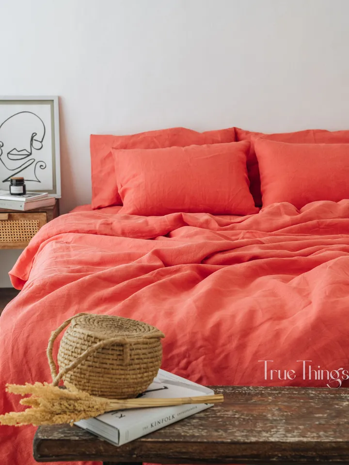 Coral linen bedding set/ Duvet cover + 2 Pillowcases in orange color / Duvet cover set / Comforter cover set / Coconut buttons / Ribbon ties