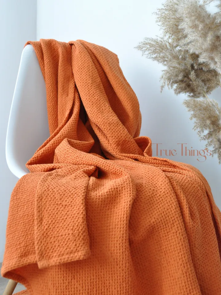READY TO SHIP / Rust waffle linen coverlet / Softened linen / Heavy weight / TwinXL, Queen size orange bed cover