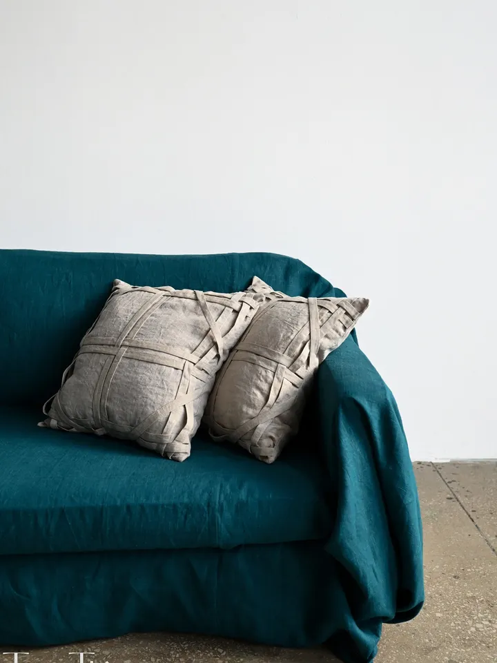 Undyed linen pillowcase / Undyed linen pillow cover with fabric stripes / Decorative, Custom size / Zipper closure