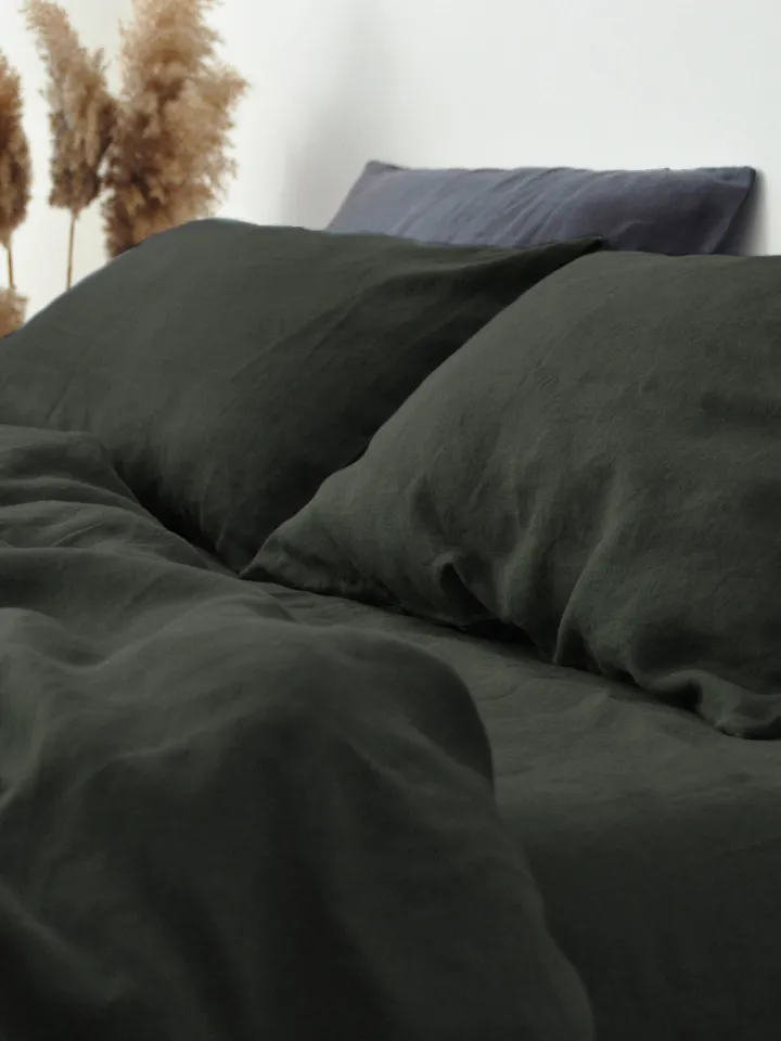 Charcoal green linen bedding set / 1 Duvet cover + 2 Pillowcases / Softened linen bedding / Comforte cover set / Quilt cover set