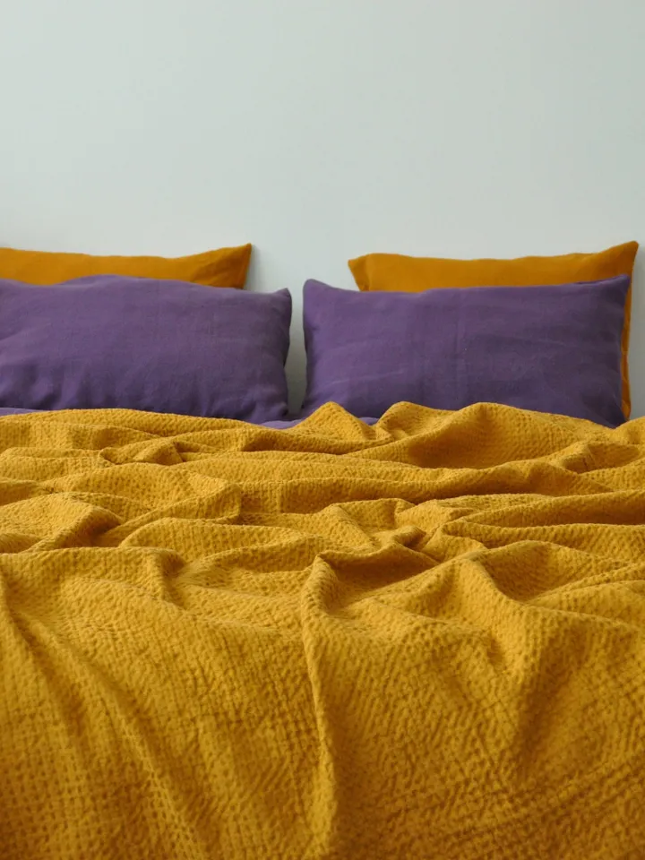 Ochre waffle linen coverlet / Softened linen / Heavy weight / Twin, Full, Double, Queen, King, California King, Custom size bed cover
