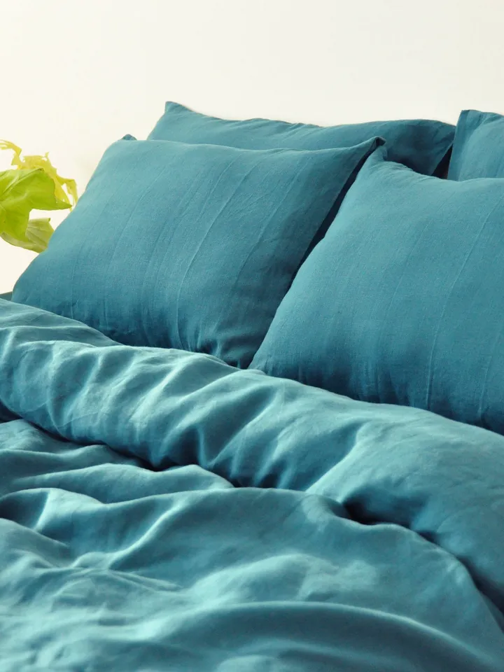 Teal linen duvet cover / 1 duvet cover / Softened linen / Comforter cover / Coconut buttons / Ribbon ties / Hidden closure /Stonewashed