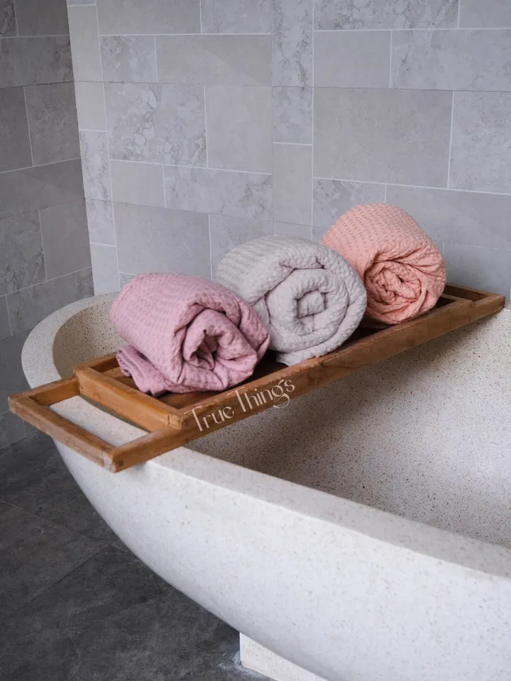 Dusty pink waffle linen bath towels / Pink linen bath towel set / Hand, face, body towel / Natural softened stonewashed linen / Organic flax
