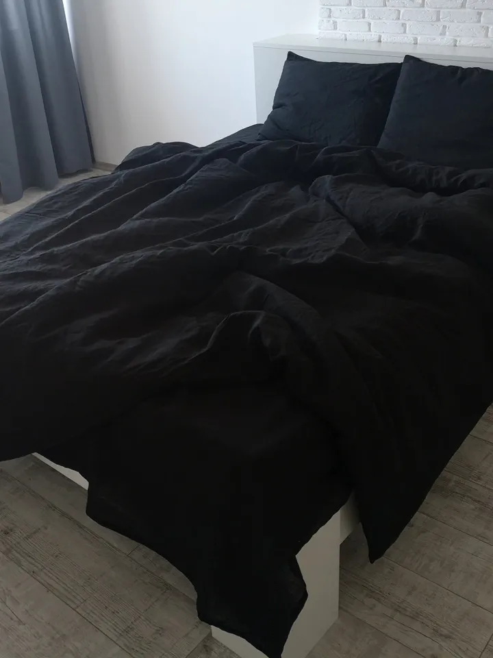 Black linen duvet cover / 1 duvet cover / Softened linen / Black comforter cover / Hidden closure / Ribbon ties / Zipper