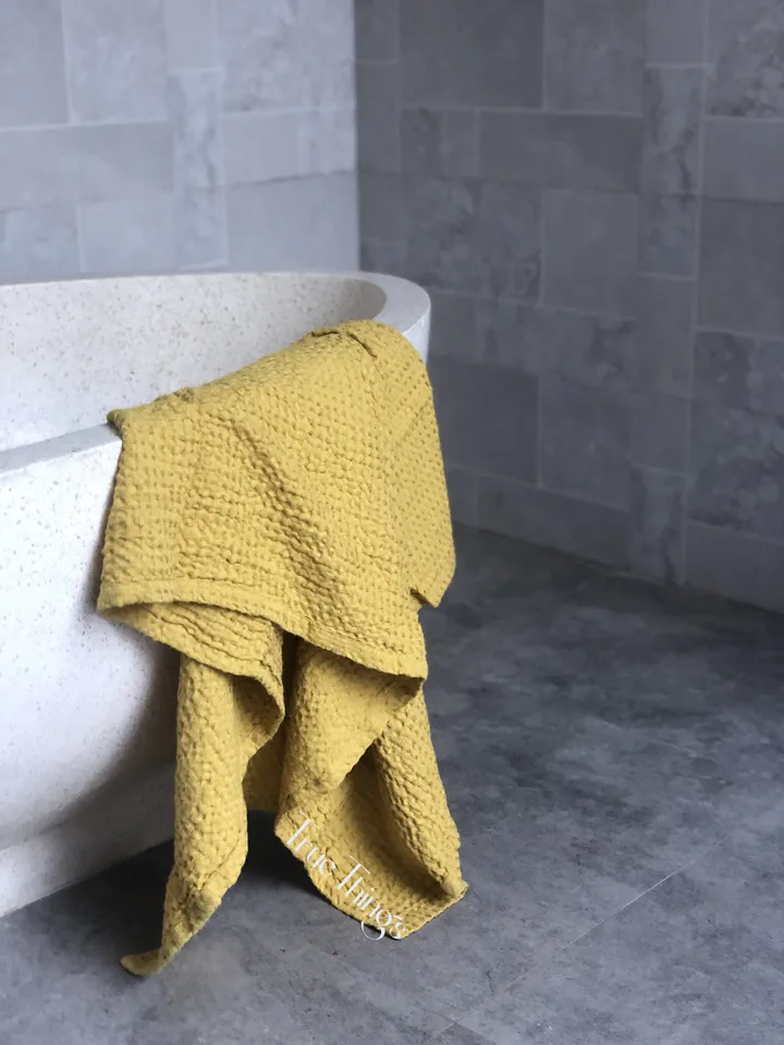 Yellow mustard waffle linen bath towels / Linen bath towel set / Hand, face, body towel / Natural softened stonewashed linen / Organic flax