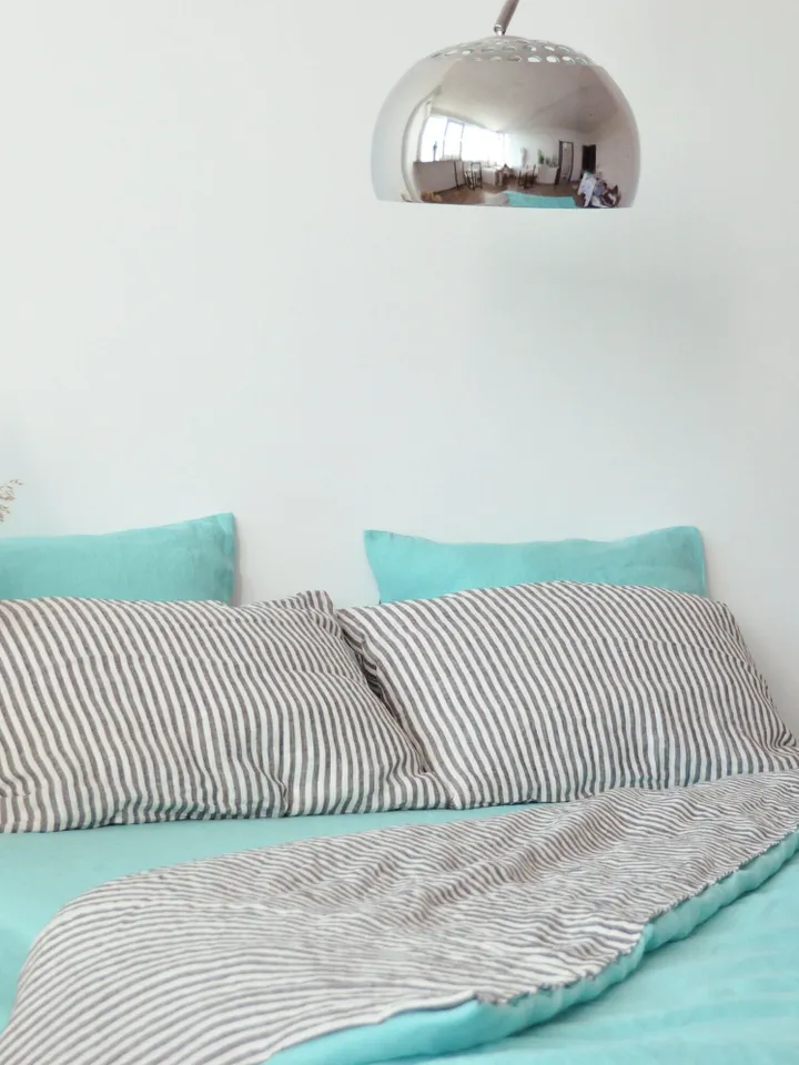 Double-sided linen duvet cover in cyan + white&gray stripe / 1 duvet cover / Softened linen / Comforter cover / Quilt cover
