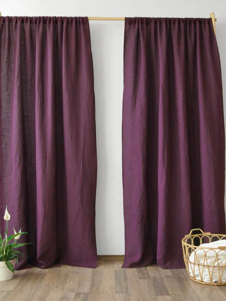 Burgundy regular and blackout linen curtains / Custom curtains / 2 panels / Unlined, Cotton, Blackout lining / Medium weight linen