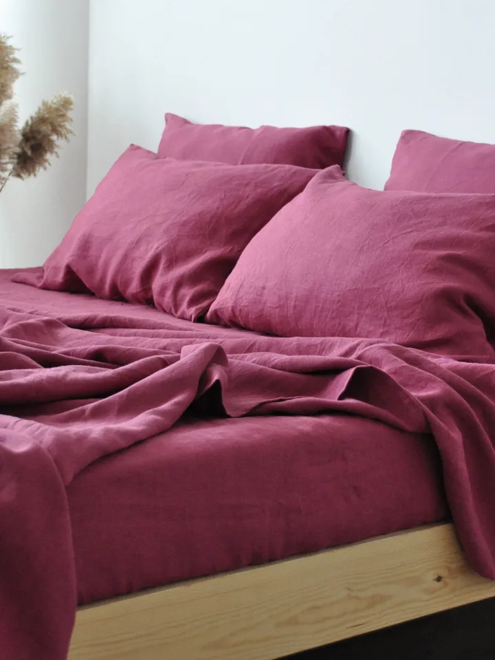 Raspberry linen fitted sheet / 1 Fitted sheet / Softened linen sheet / Linen bedsheet / Red fitted sheet washed linen