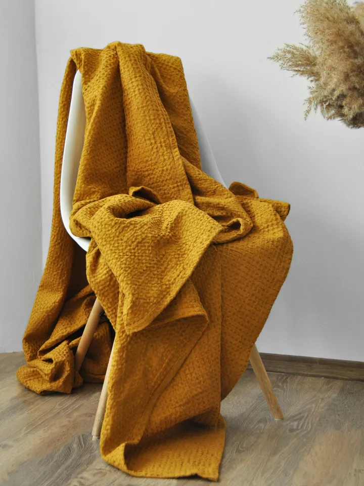 Ochre waffle linen coverlet / Softened linen / Heavy weight / Twin, Full, Double, Queen, King, California King, Custom size bed cover