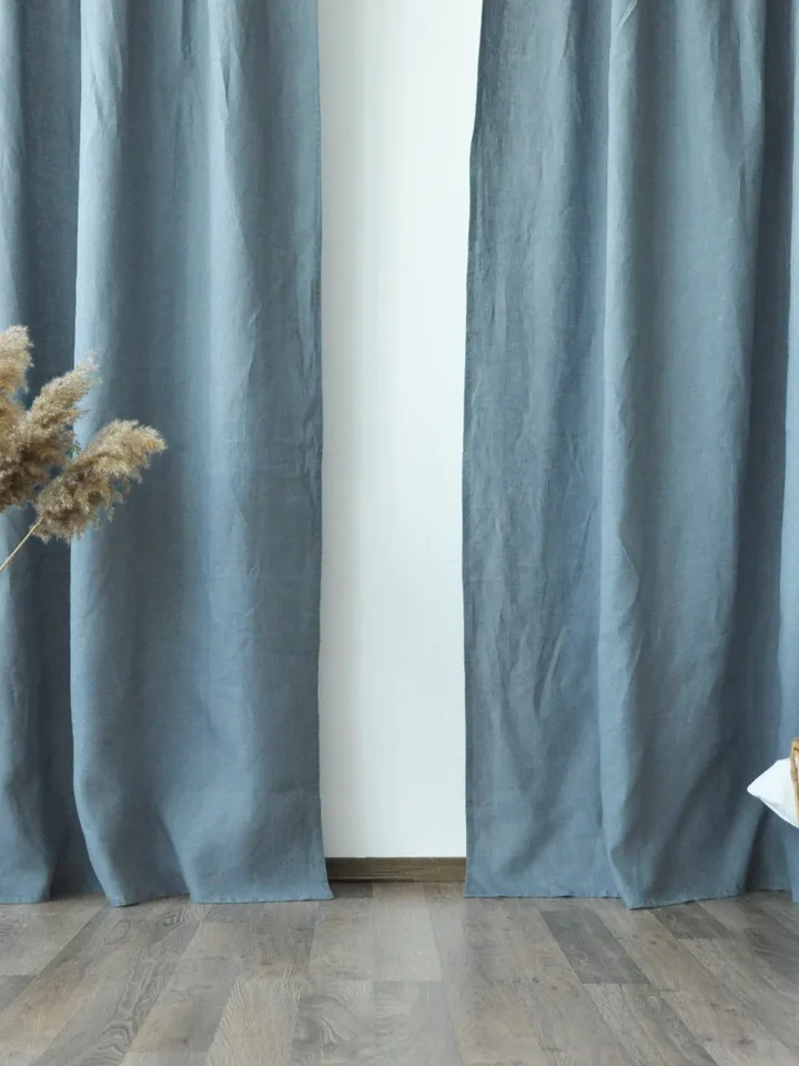 Dusty blue regular and blackout linen curtains / 2 panels / Unlined, Cotton, Blackout lining / Medium weight linen / Custom size