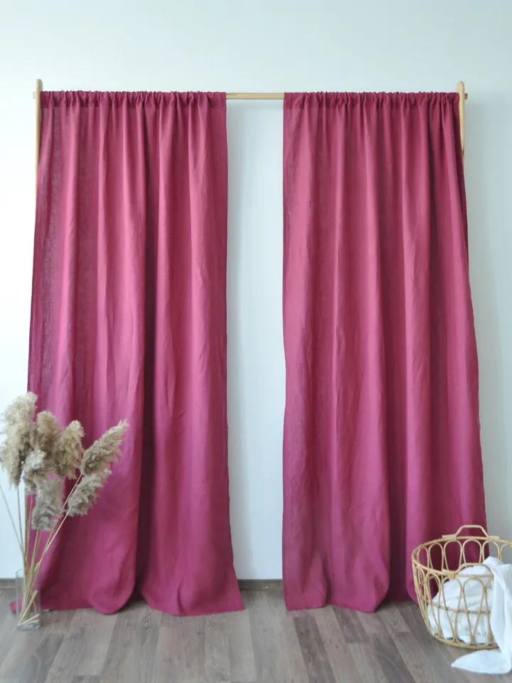 Raspberry regular and blackout linen curtains / 2 panels / Unlined, Cotton, Blackout lining / Medium weight linen / Custom size