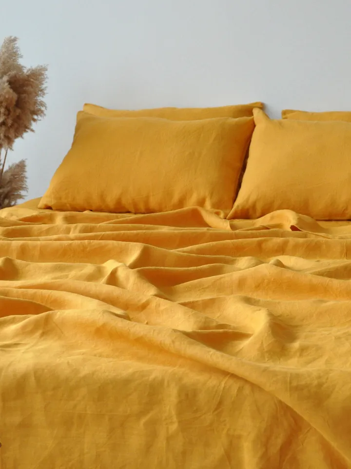 READY TO SHIP / Turmeric linen fitted sheet / 1 Fitted sheet / Softened linen sheet / Stonewashed linen / Orange fitted sheet washed linen