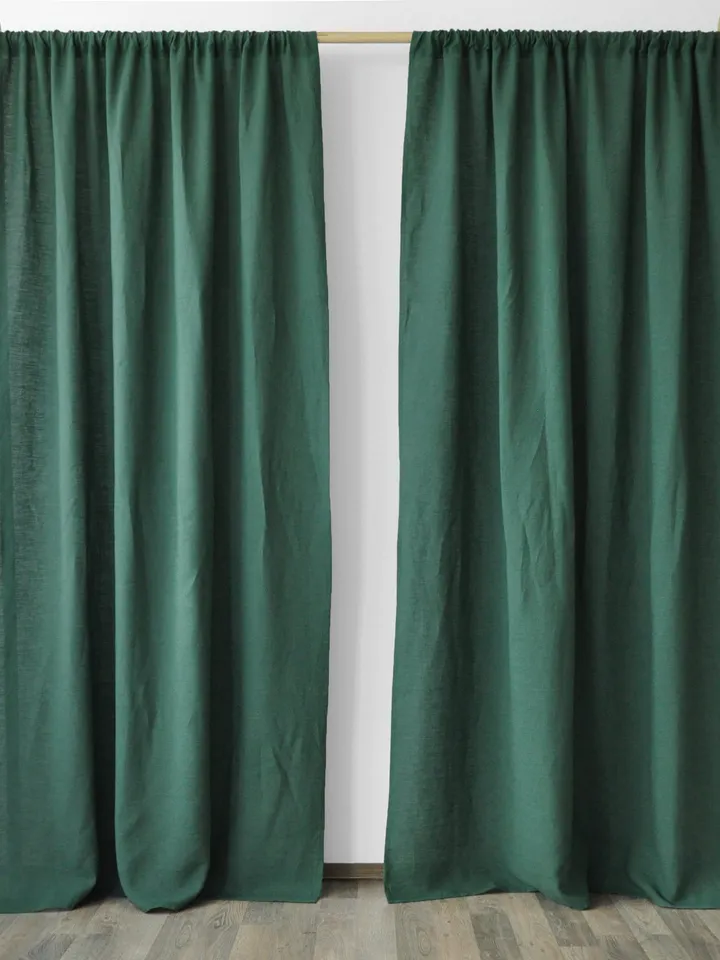 Forest green regular and blackout linen curtains / 2 Emerald green panels / Unlined, Cotton, Blackout lining / Medium weight / Custom size