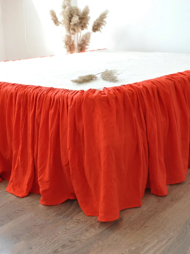 Bright orange bed skirt / Softened linen bed skirt / Dust ruffles / Gathered / Stonewashed linen / Wedding gift / Queen, King, Twin, Double