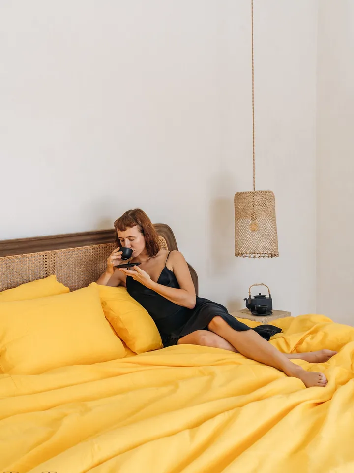 Bright yellow linen bedding set / 1 Duvet cover + 2 Pillowcases / Softened linen bedding / Comforter cover set / Quilt cover set