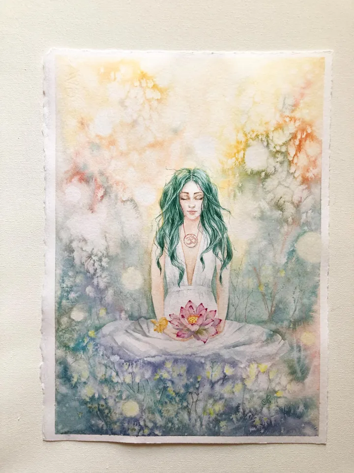 Spiritual Original Painting Meditation Painting Watercolor Woman Wall Art