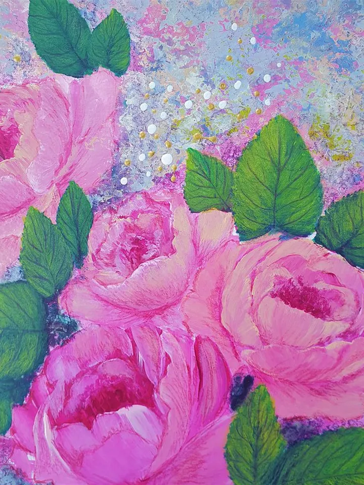 Pink Roses Painting Flower Original Art Floral Bouquet Wall Art Acrylic Painting