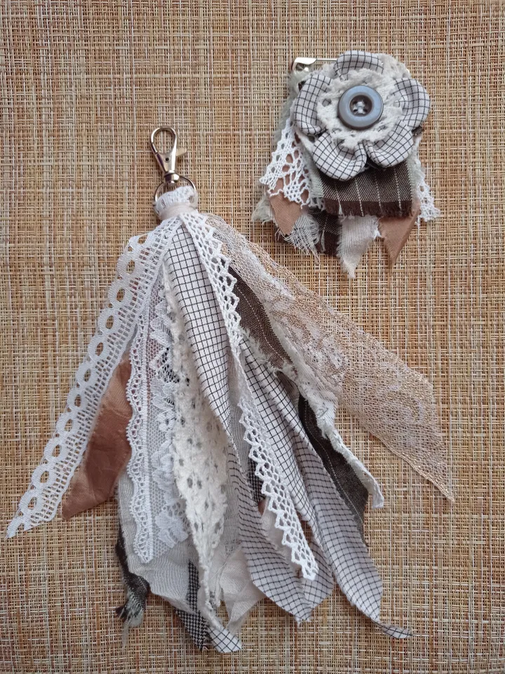 Brooch and keychain made of ribbons and boho fabric set