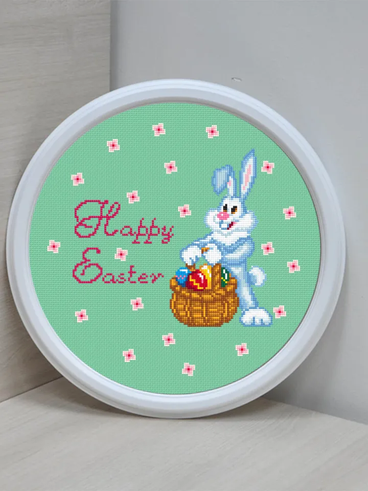 Easter bunny basket cross stitch pattern download PDF Cute rabbit cross stitch chart, Happy Easter ornament cross stitch, Easter eggs #T2
