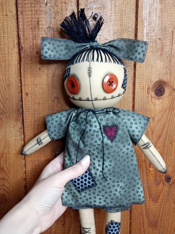 Handmade Doll With Button Eyes (Green Dots)