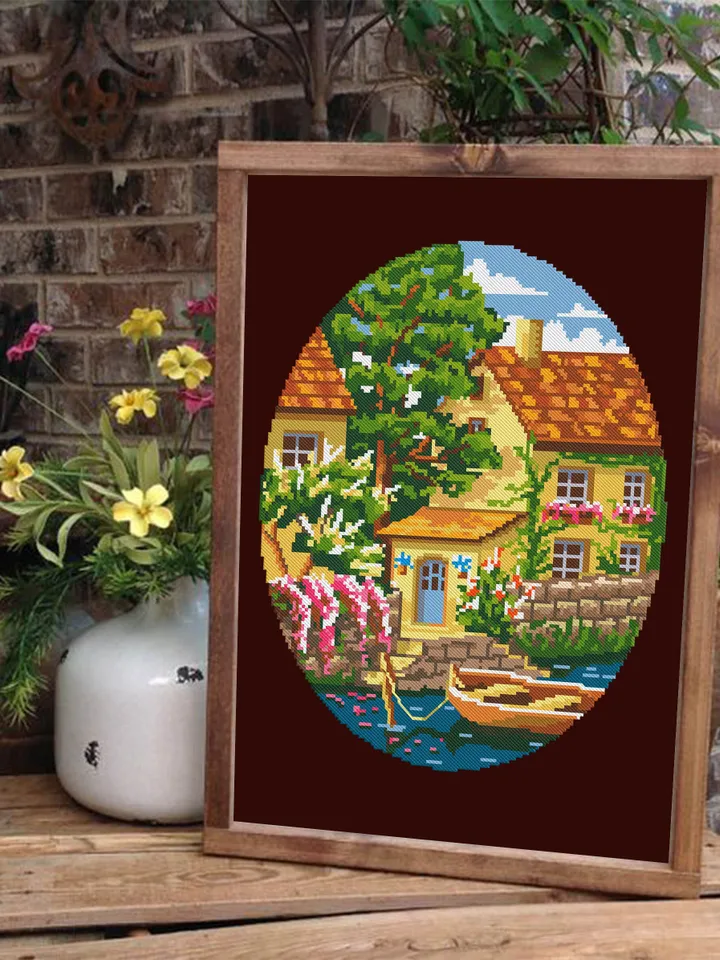 Summer home cross stitch pattern download PDF Village house cross stitch chart Nature landscape river cross stitch Home sweet home #L10