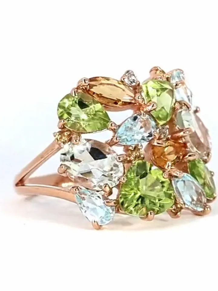 Ring made of 925 silver with gold plating with natural green amethyst, chrysolite, citrine and topaz Sky