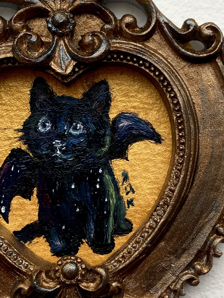 Bat Cat Painting Small Original Framed Art Goth Bat Gifts, Mini Gold Framed Decor, Cat Bat, Black Cat Art, Tiny Art Whimsigoth Decor
