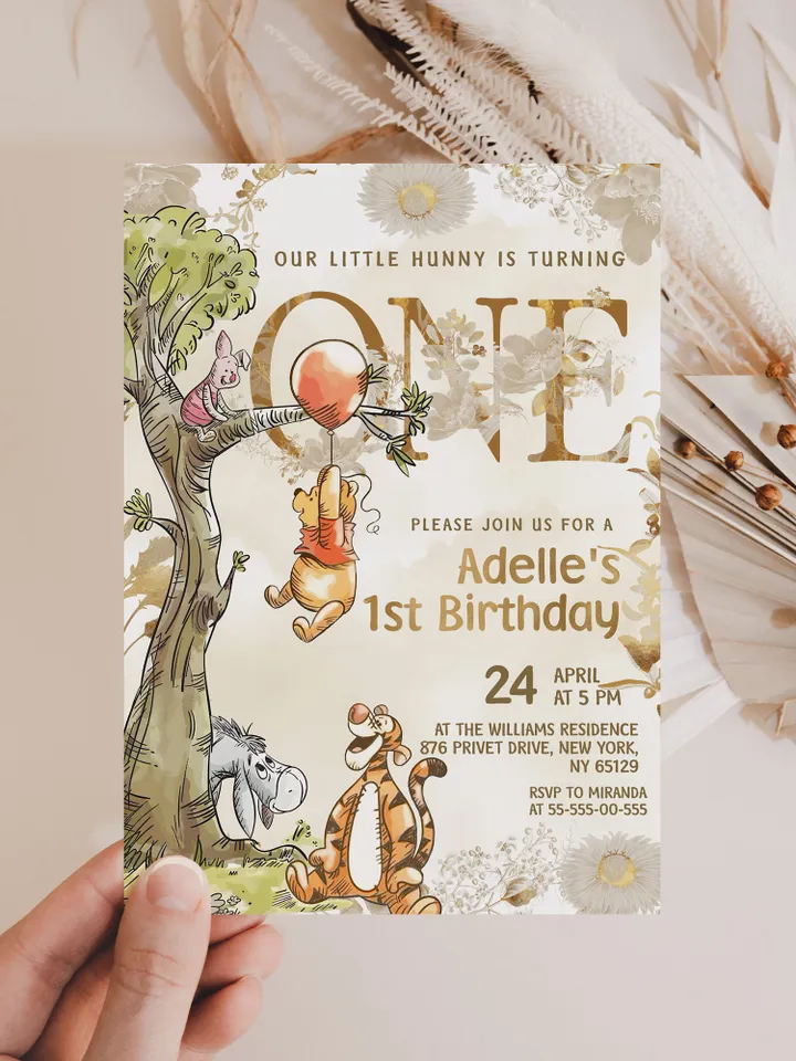 Winnie the Pooh Inspired First Birthday; Classic Winnie Pooh Invitations; Neutral Winnie Pooh Turning One; Winnie Pooh Birthday Party poom88