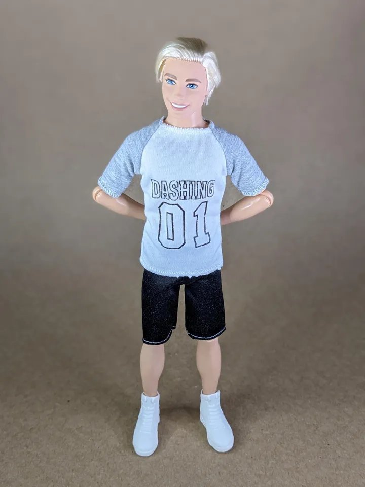 White & gray printed T-shirt for 12-inch fashion male dolls
