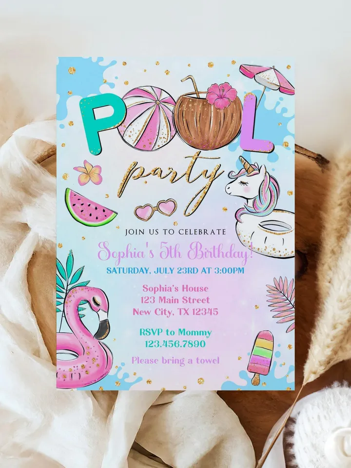 Pool Party Invitation Girl, Pool Party Unicorn Invitation Instant Download, Swimming Party Invite, Canva Editable Template