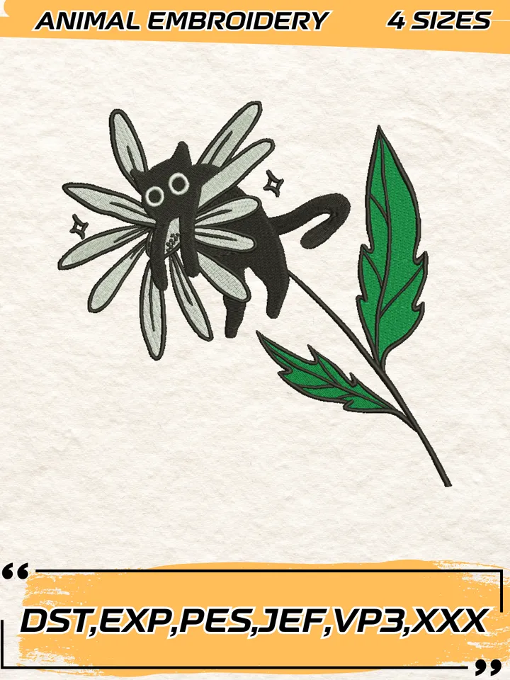 Cat Flower Embroidery Designs,Animal Embroidery Design,Cat Design,4 Sizes,Digital Download