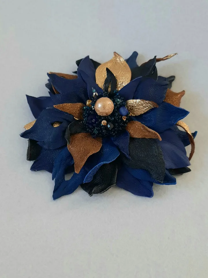 Blue leather brooch for her , 3rd anniversary gift for wife, Leather women's jewelry