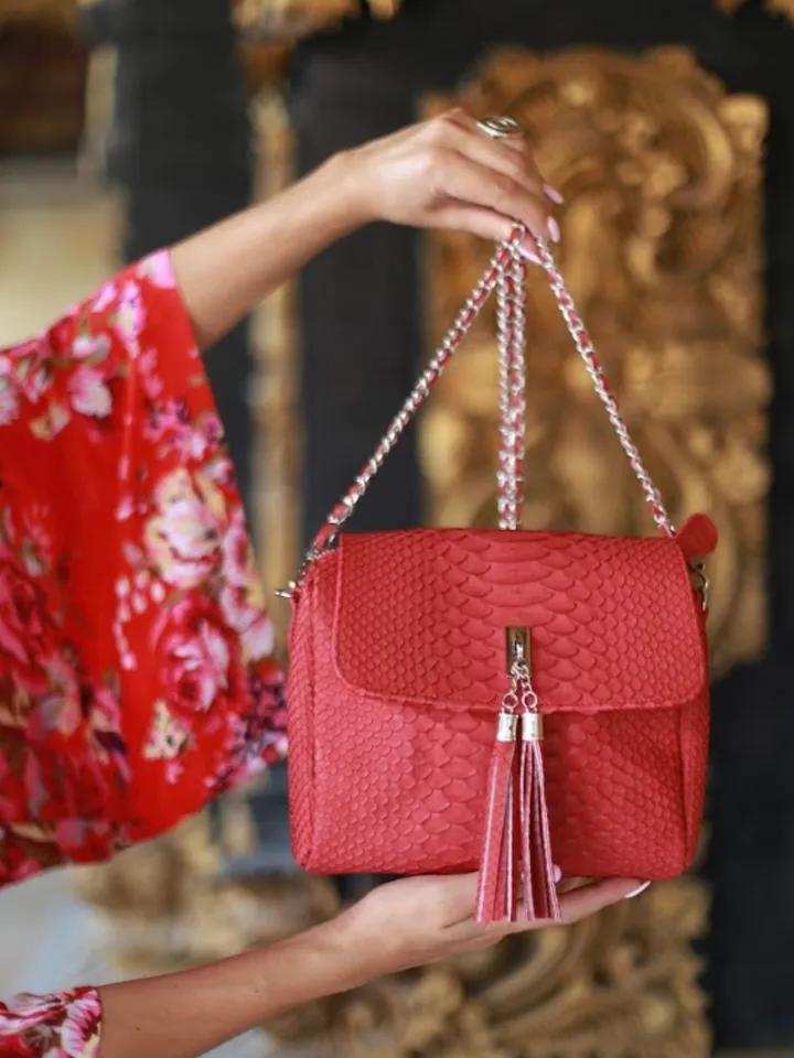 Genuine Python Skin Crossbody Bag | Chain Tassel red summer bag | Leather Woman Free Shipping Handmade Summer purse | exotic leather bag