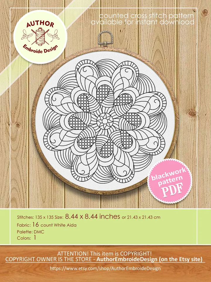 Geometric mandala blackwork pattern PDF Blackwork mandala embroidery download PDF, Backstitch chart, Mandala cross stitch, Home decor #W29