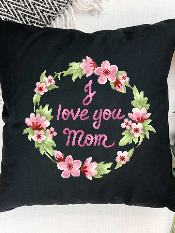 I love you mom cross stitch pattern download PDF Floral wreath cross stitch chart, Floral pattern digital PDF Framed quote cross stitch #Q49