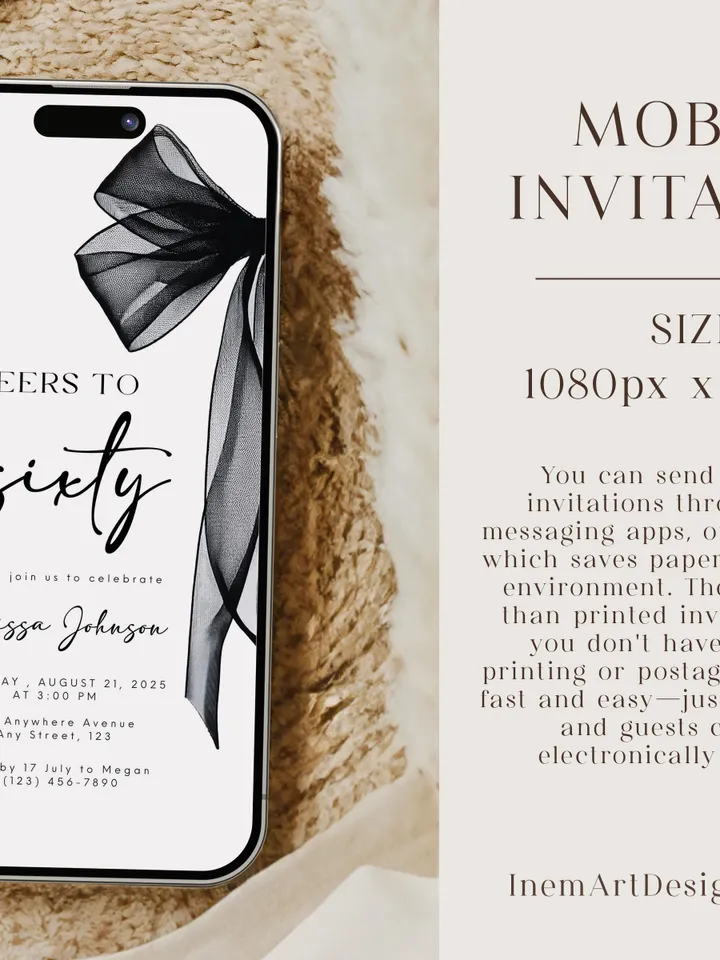 Coquette Black Bow 60th Invitation, Editable Sixtieth Birthday Party Invite, DIY Digital Black Ribbon, Cheers to Sixty Invite