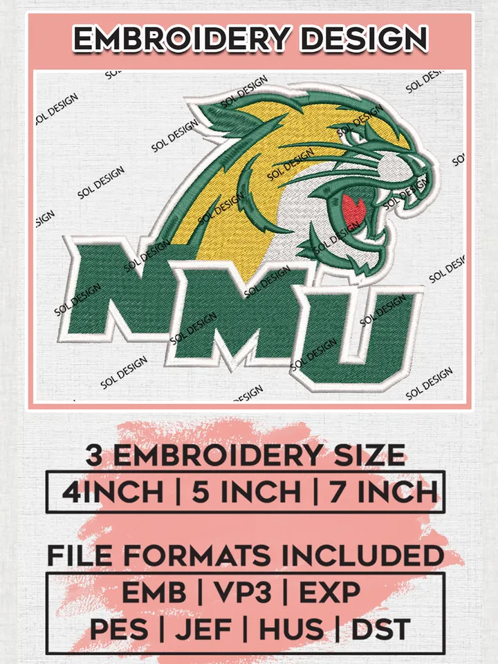 NCAA NMU Wildcats Team Mascot Logo Embroidery Design Files, NCAA Northern Michigan Wildcats Machine Embroidery, NCAA Teams, 3 sizes, NCAA Machine embroidery designs, Digital Download