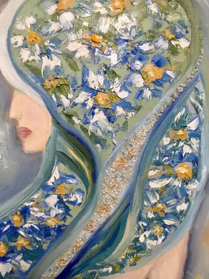 Purity - original oil painting on large canvas,rhinestones decorated, woman in daisies,impasto oil painting,home decoration,woman in daisies