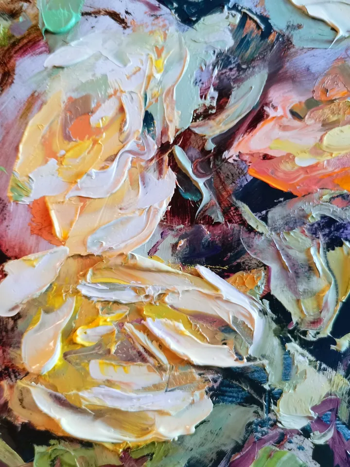 Yellow Roses Flower Bouquet Oil Painting Impasto Original Artist Svinar Oksana