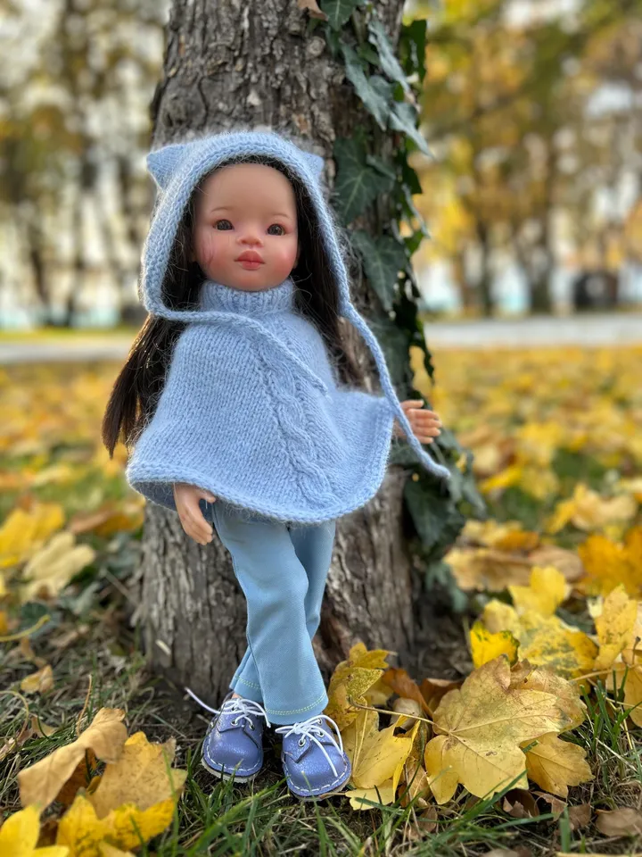 Poncho and Kitty Hat for Paola Reina KNIT PATTERN and tutorial for Boneka 12-13 inch doll, Ruby Red Siblies, Les Cheries 32 cm PDF eng