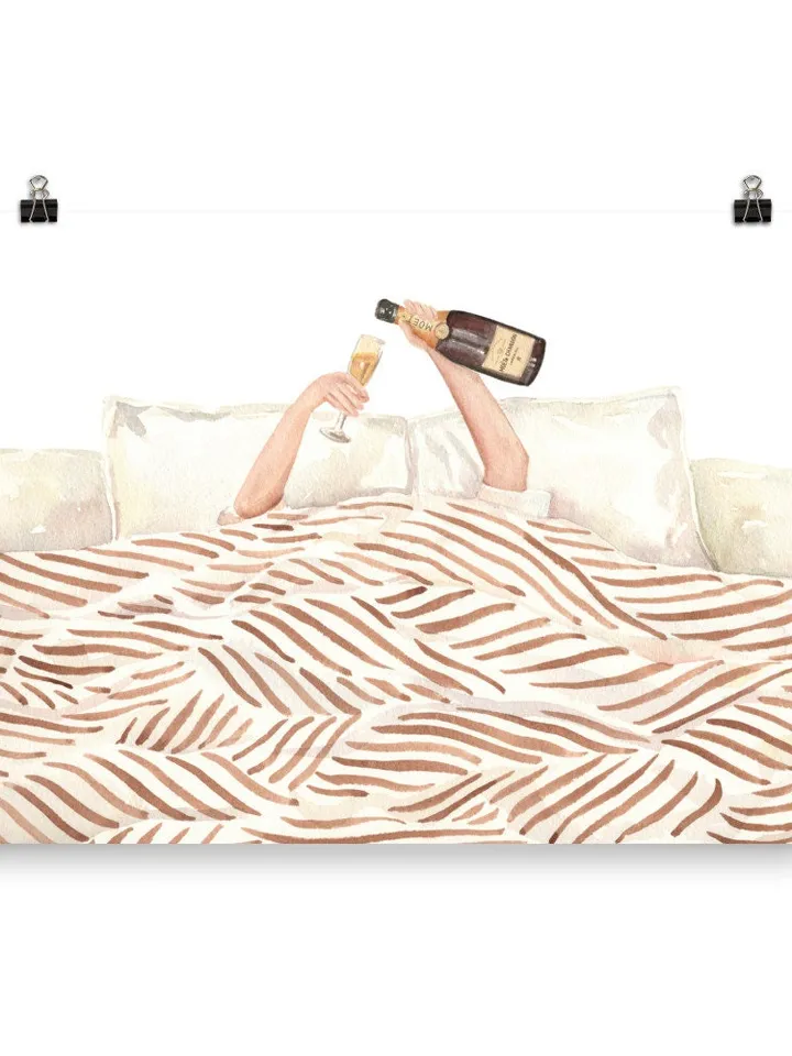 Woman Drinking Champagne In Bed, Watercolor Painting, Girls Bedroom Decor, Vintage Bar Print, Feminist Poster, Girly Wall Art, Alcohol Print