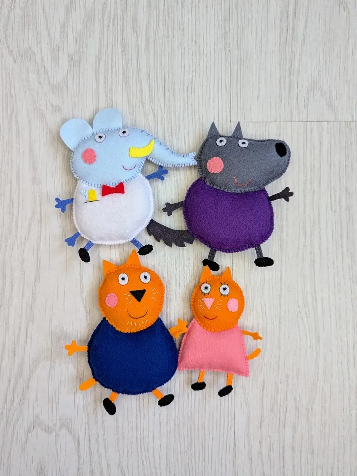 Doctor Elephant, Papa Wolf and Papa Cat from the cartoon Peppa Pig felt toys set
