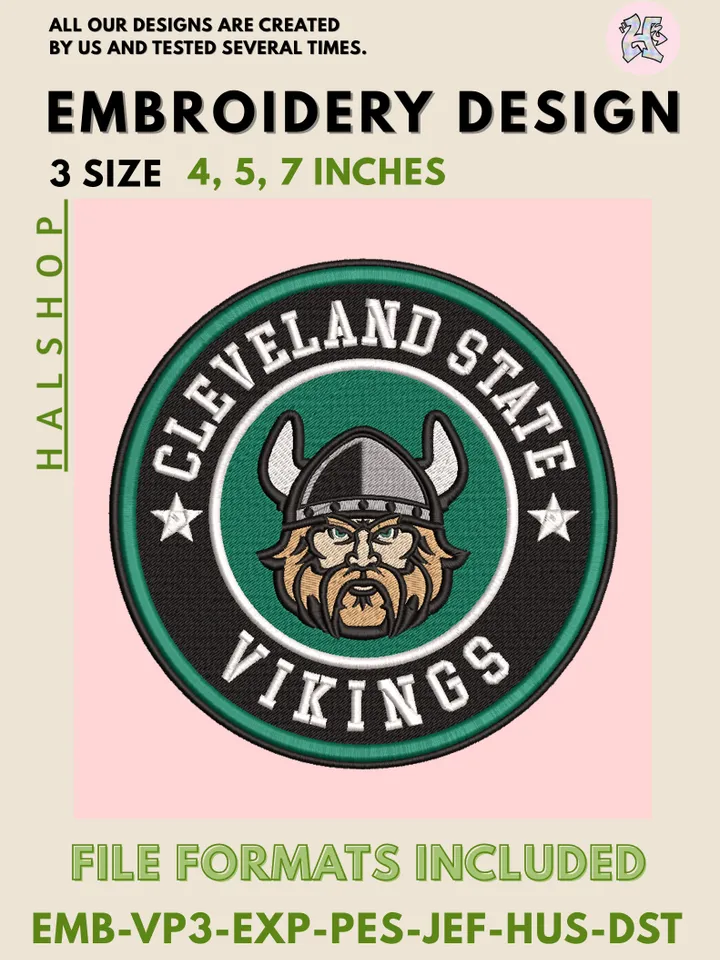 Cleveland State Vikings NCAA Mascot Logo Embroidery Design – College Team Pattern, Machine Embroidery Files, 3 Sizes Digital Instant Download