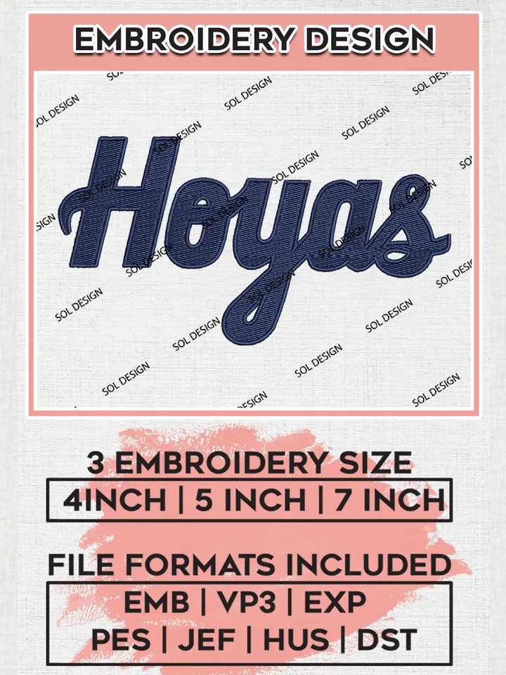 NCAA Hoyas College Team Word Logo Embroidery Design Files, NCAA Georgetown Hoyas Machine Embroidery, NCAA Teams, 3 sizes, NCAA Machine embroidery designs, Digital Download