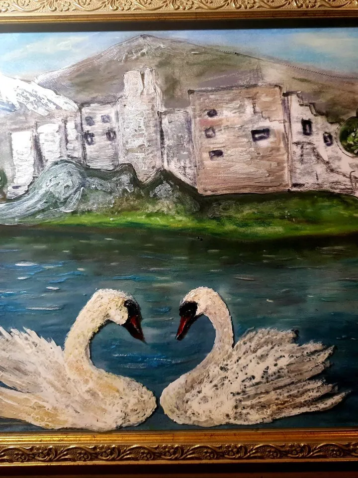 Swans on the lake,stained glass art,mix media art,painting on glass pastel painting,one of a kind.