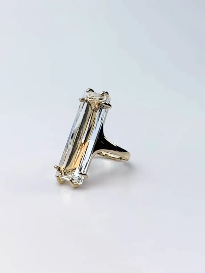 Ring gilded with a large rectangular crystal stone, one-size adjustable 16-20 size