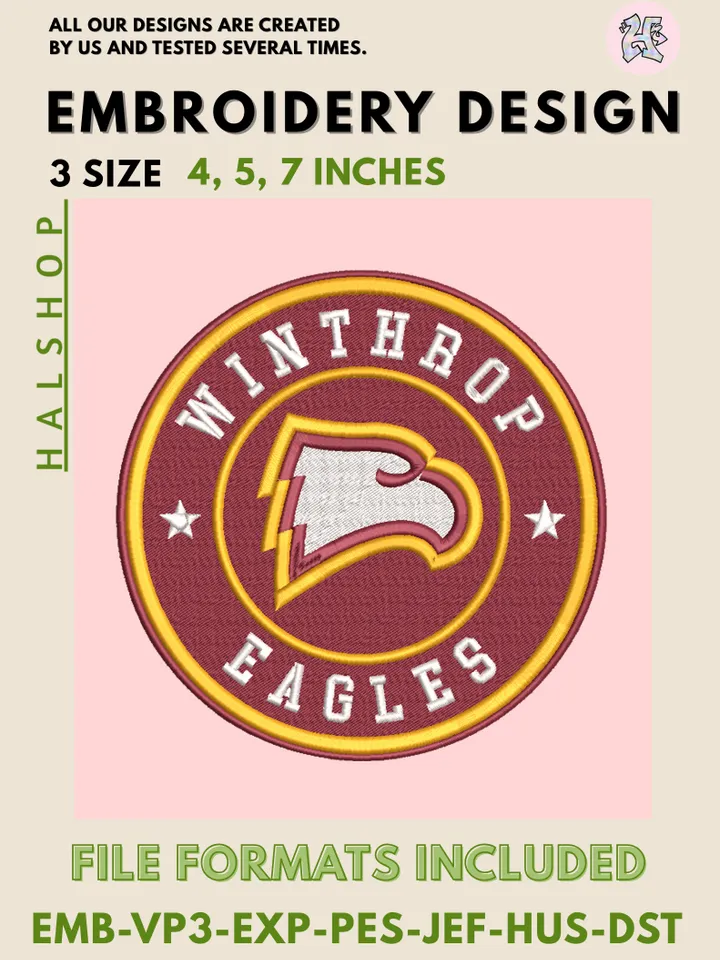 NCAA Winthrop Eagles Round Logo Embroidery, NCAA Winthrop Eagles Logo Embroidery Files, NCAA Teams, Machine Embroidery Designs, Digital Download