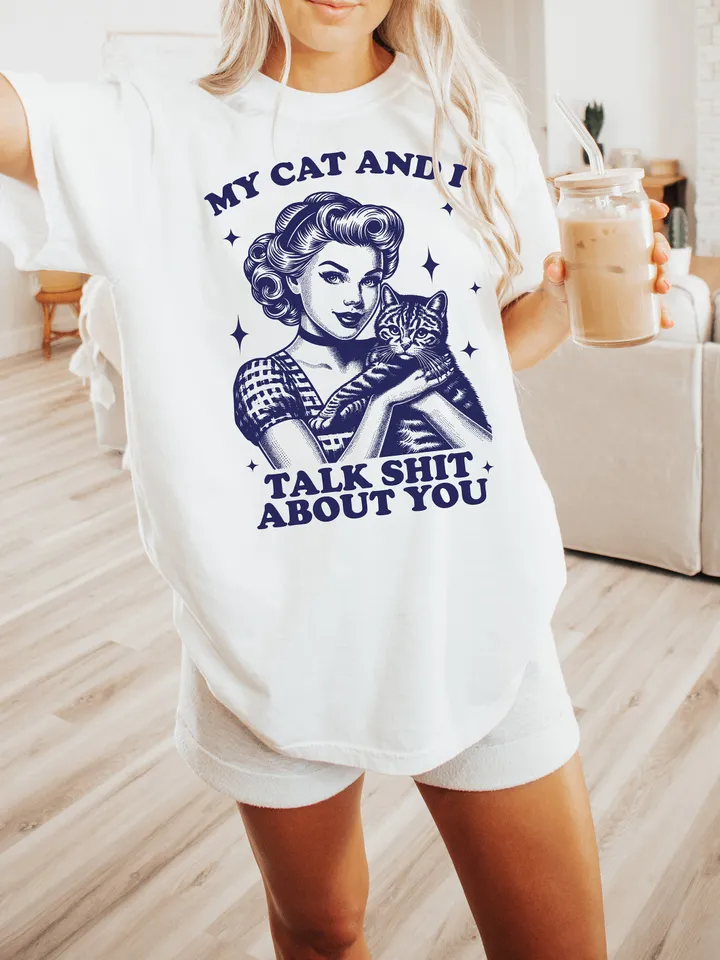My Cat And I Talk Shit SVG PNG, Trendy Vintage Retro Housewife Funny Cat Sarcastic Adult Humor Sublimation Design Tee Mug png SVG Cut File
