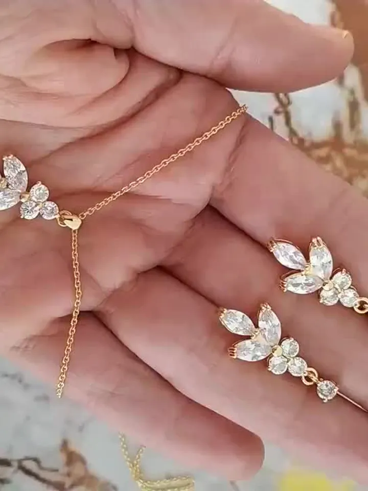 Bridal Necklace Set, Gold Diamond Wedding Earrings, CZ Bridal Earrings, Vintage Style Rose Gold Bridal Jewelry, Art Deco Bridal Earrings,