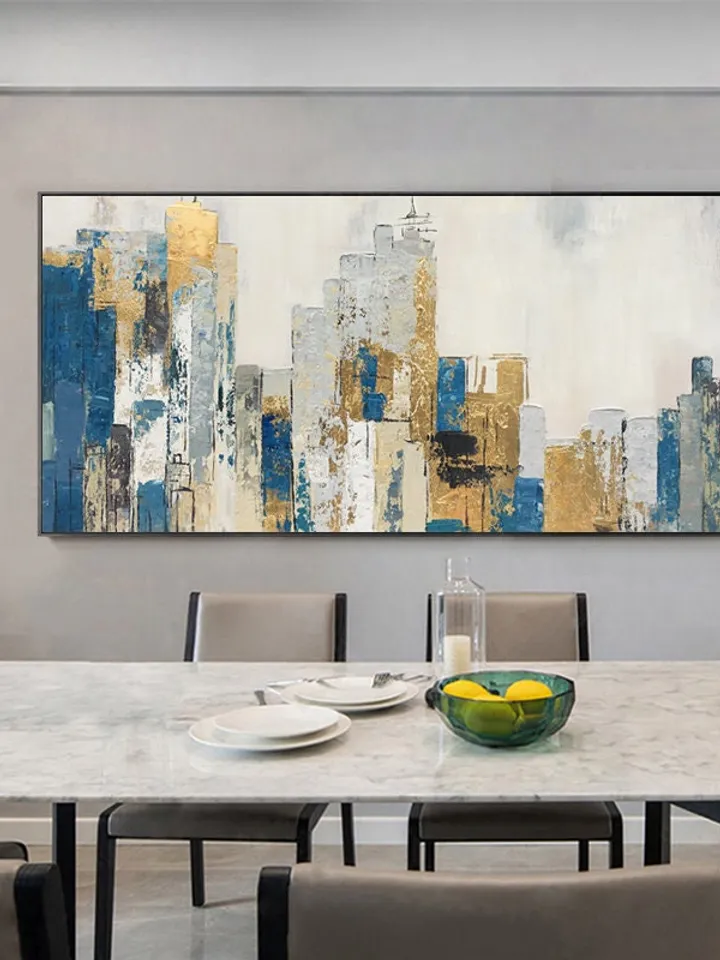 Original Cityscape Oil Painting on Canvas, Large Abstract Gold Leaf City Landscape Acrylic Painting, Modern Blue Living Room Wall Art Decor